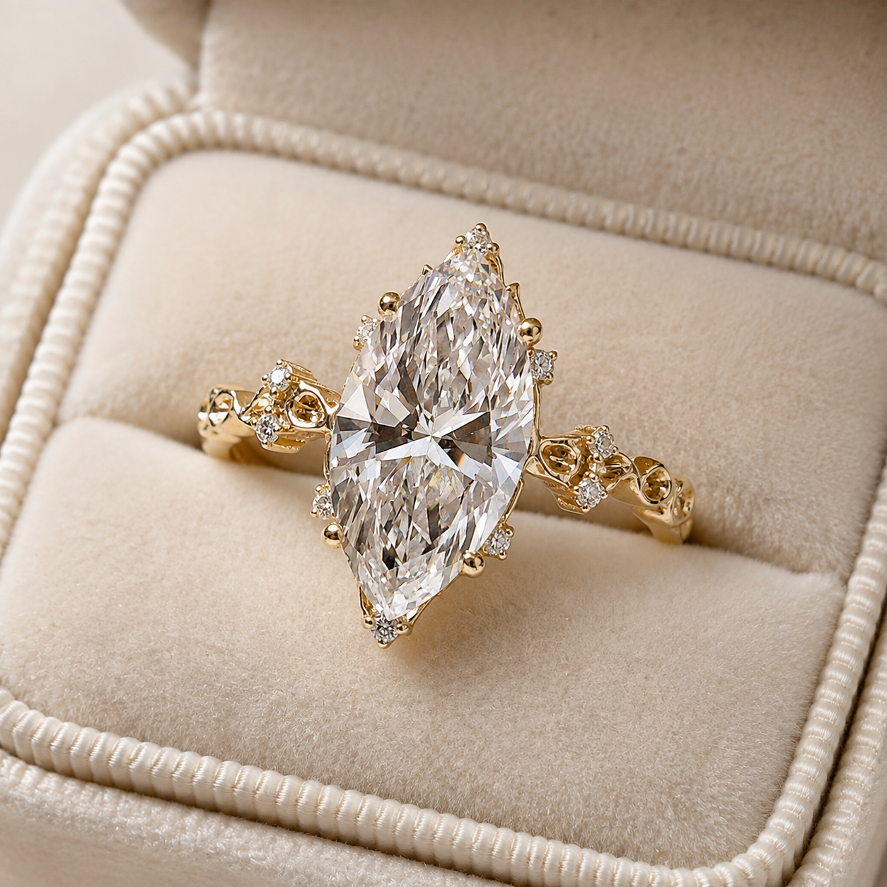 Marquise Lab Grown Diamond Engagement Ring Vintage Scroll 14K Yellow Gold Cluster Accents E