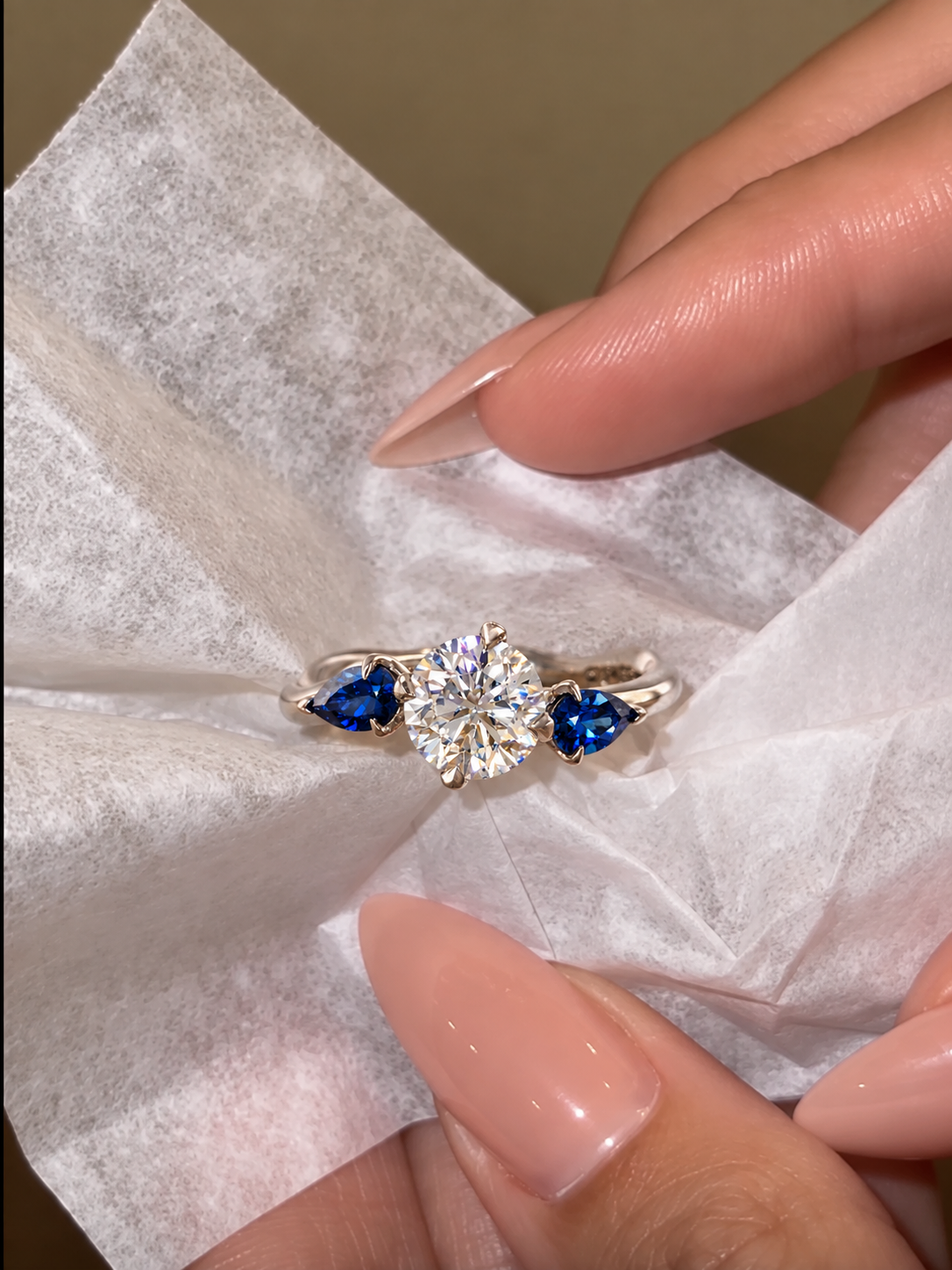 Round Lab Grown Diamond Engagement Ring Three Stone Pear Sapphire 14K White Gold E VVS2 Nature-Inspired