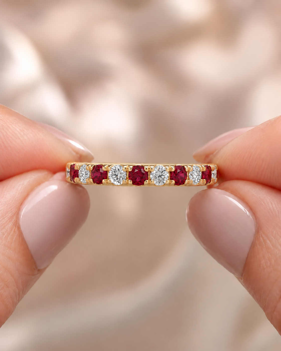 Ruby and Diamond Wedding Band Alternating Lab Grown Stones 14K Gold Stackable Anniversary Ring