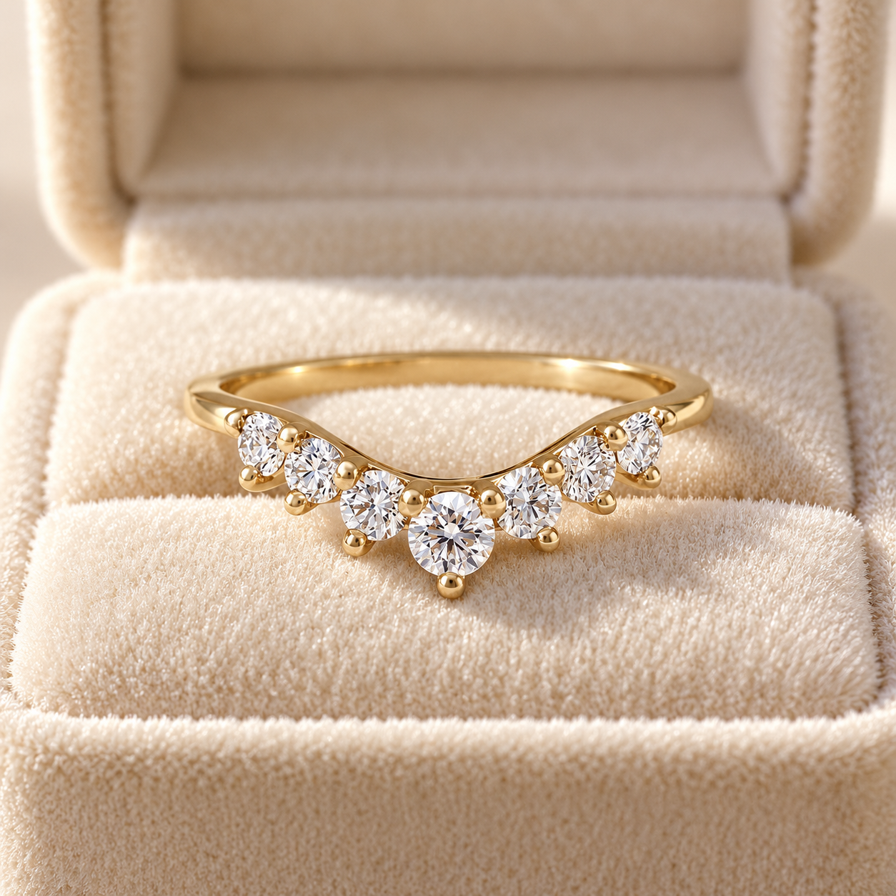 Round Lab Grown Diamond Curved Wedding Band – 7 Stone Graduated 14K Yellow Gold