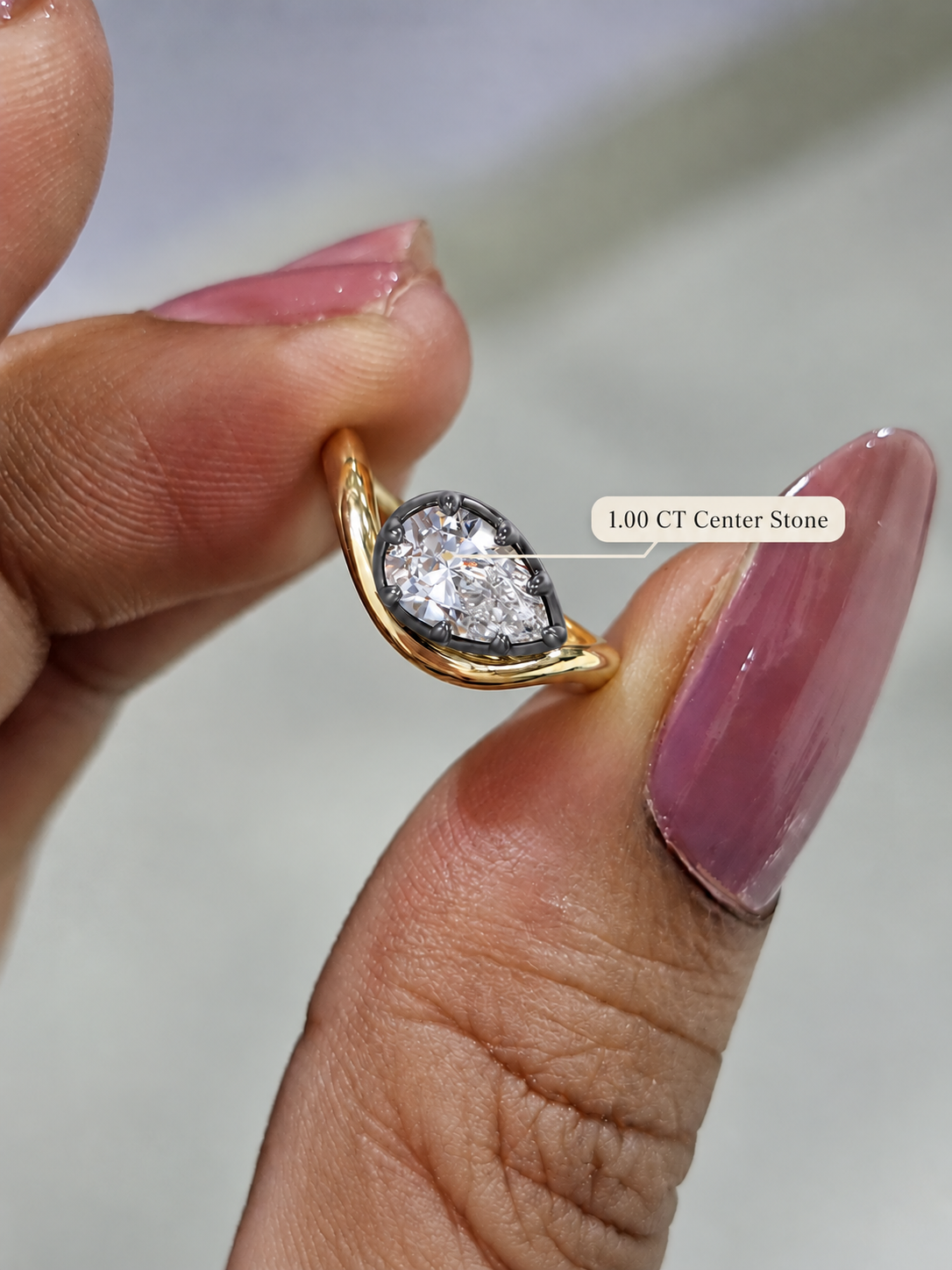 Pear Lab Grown Diamond Pinky Ring Black Gold Bezel-Prong 14K Yellow Gold IGI Certified E VVS2