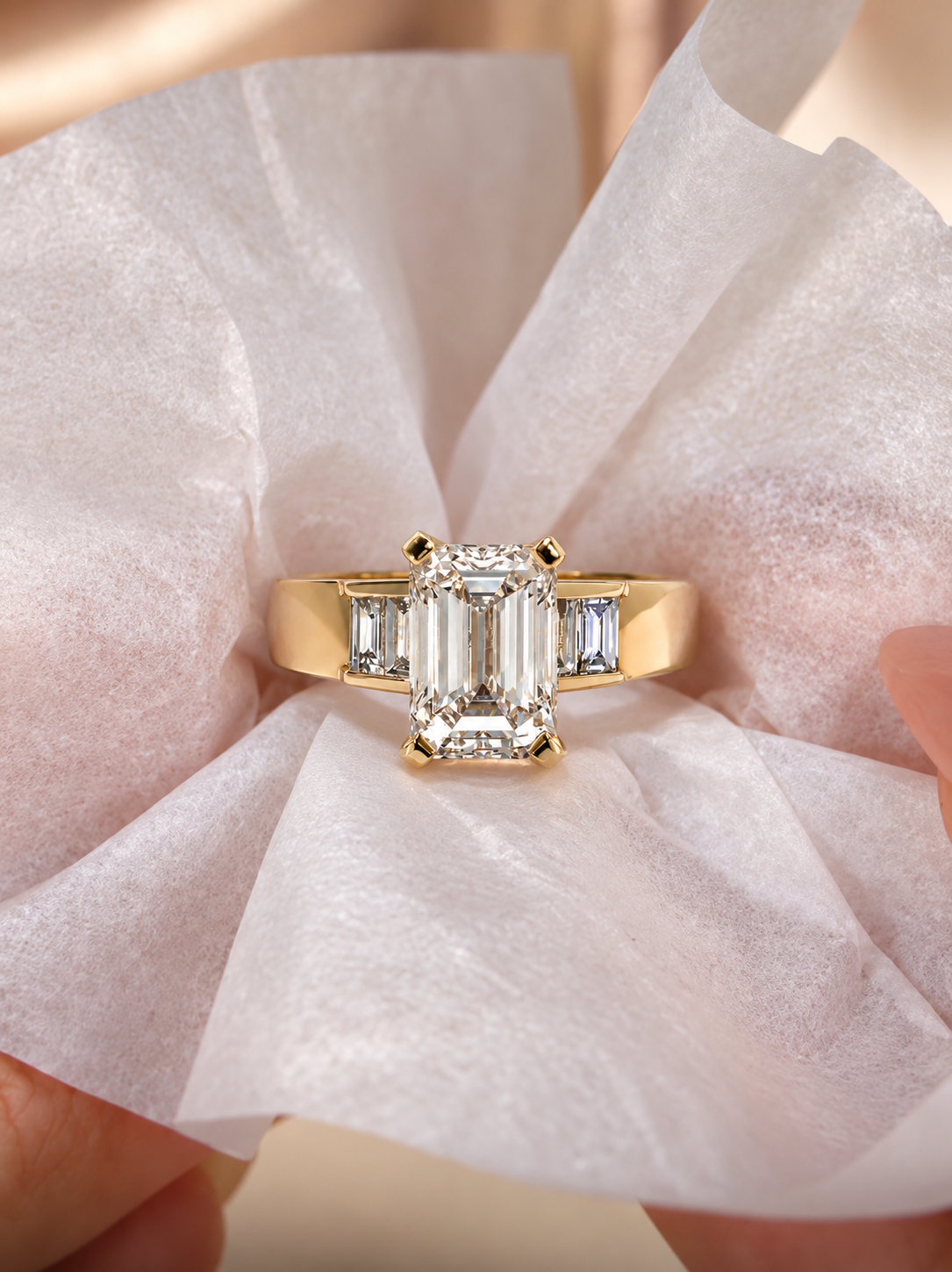 Emerald Cut Lab Grown Diamond Engagement Ring, Baguette Side Stones, 14K Yellow Gold Tapered Band