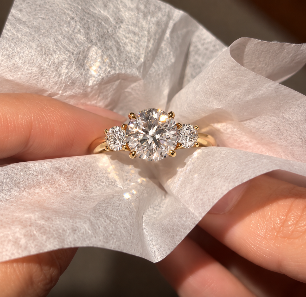 Round Lab Grown Diamond Engagement Ring Three Stone 14K Yellow Gold IGI Certified
