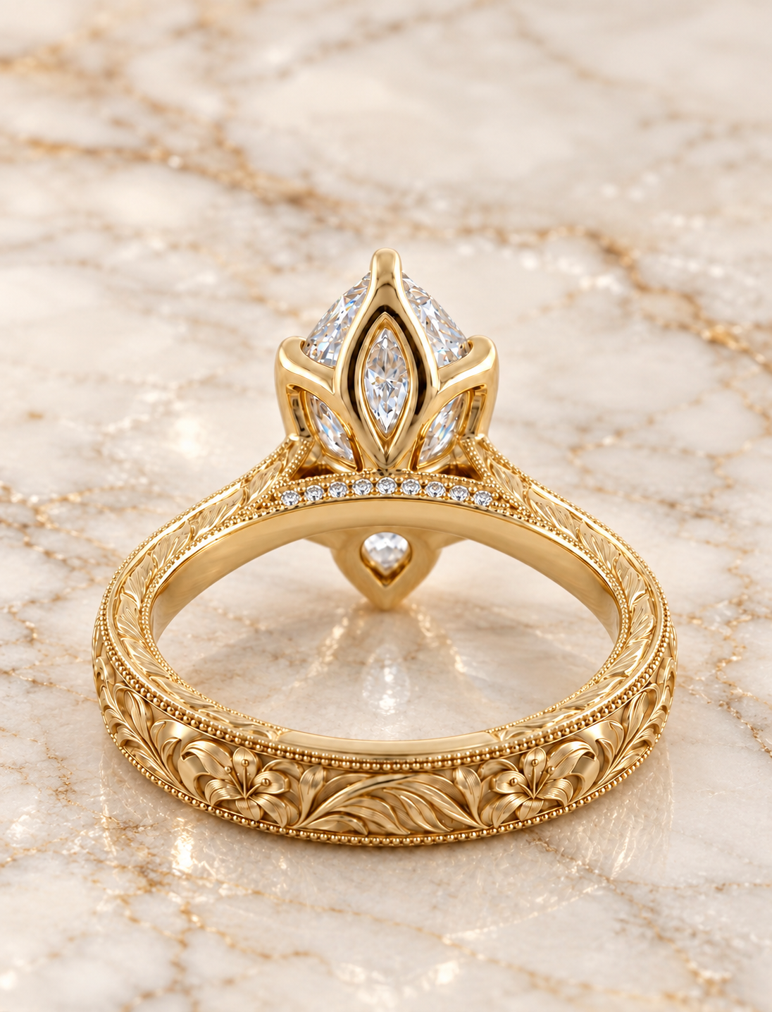 Marquise Lab Grown Diamond Engagement Ring, 14K Yellow Gold Floral Band (IGI Certified)