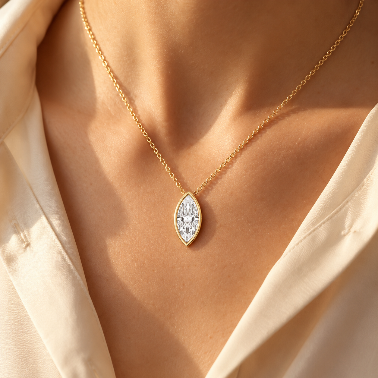 Marquise Lab Grown Diamond Pendant Necklace Bezel Solitaire 14K Yellow Gold IGI Certified 2ct