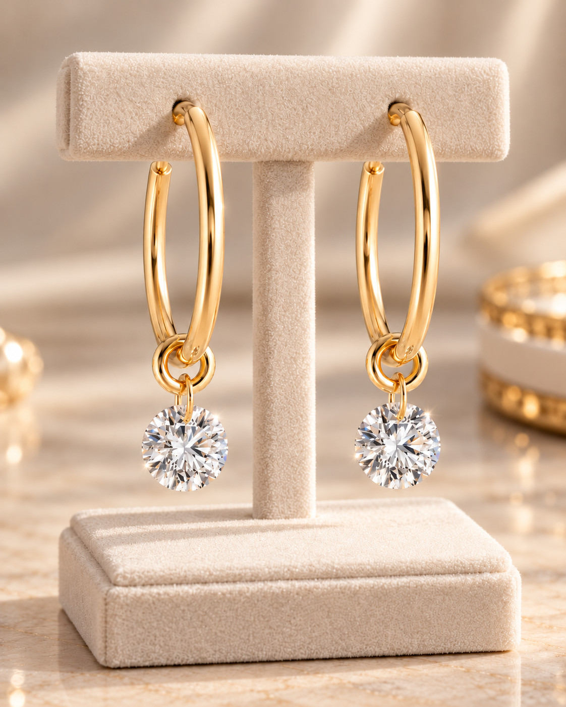 Lab Diamond Hoop Earrings Round Dangle Drop 14K Yellow Gold IGI Certified