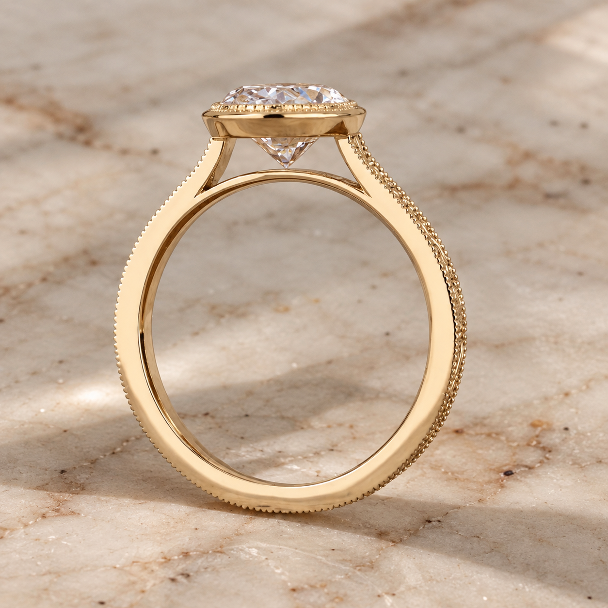 Oval Lab Grown Diamond Engagement Ring Art Deco Bezel 14K Yellow Gold IGI Certified E VVS2