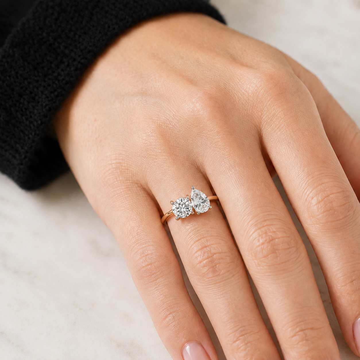 Round & Pear Lab Grown Diamond Toi et Moi Ring Two Stone 14K Rose Gold 2 Carat E VVS2