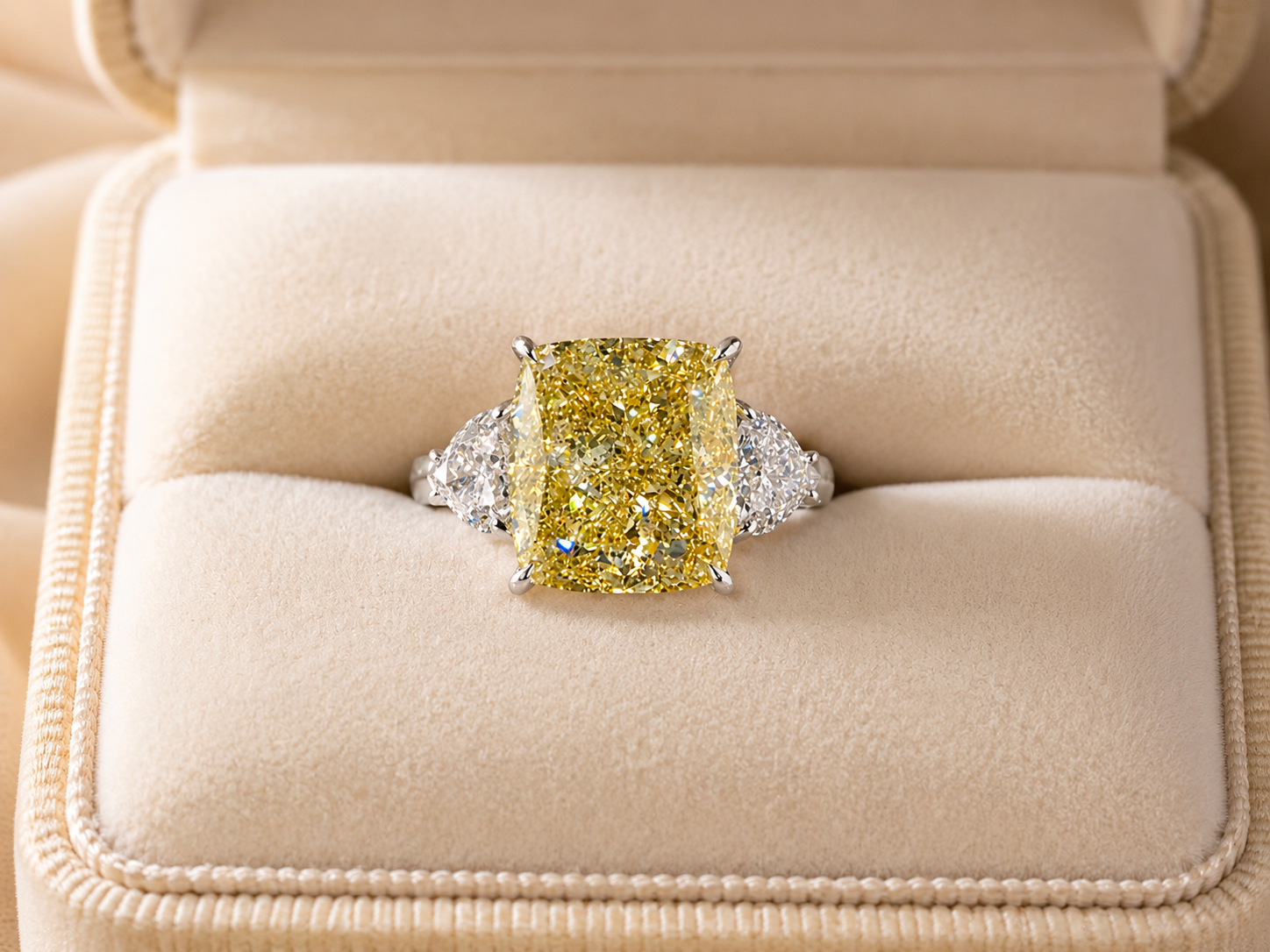 Fancy Yellow Lab Grown Diamond Engagement Ring Cushion Cut Three Stone Platinum IGI Certified
