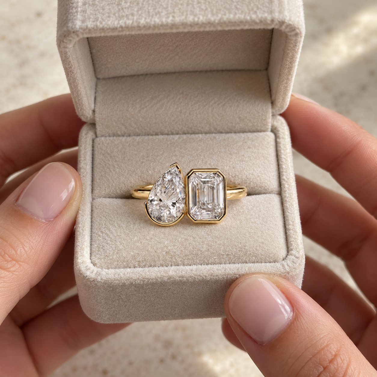 Pear & Emerald Cut Lab Grown Diamond Engagement Ring Toi et Moi 14K Yellow Gold Bezel Cathedral Setting