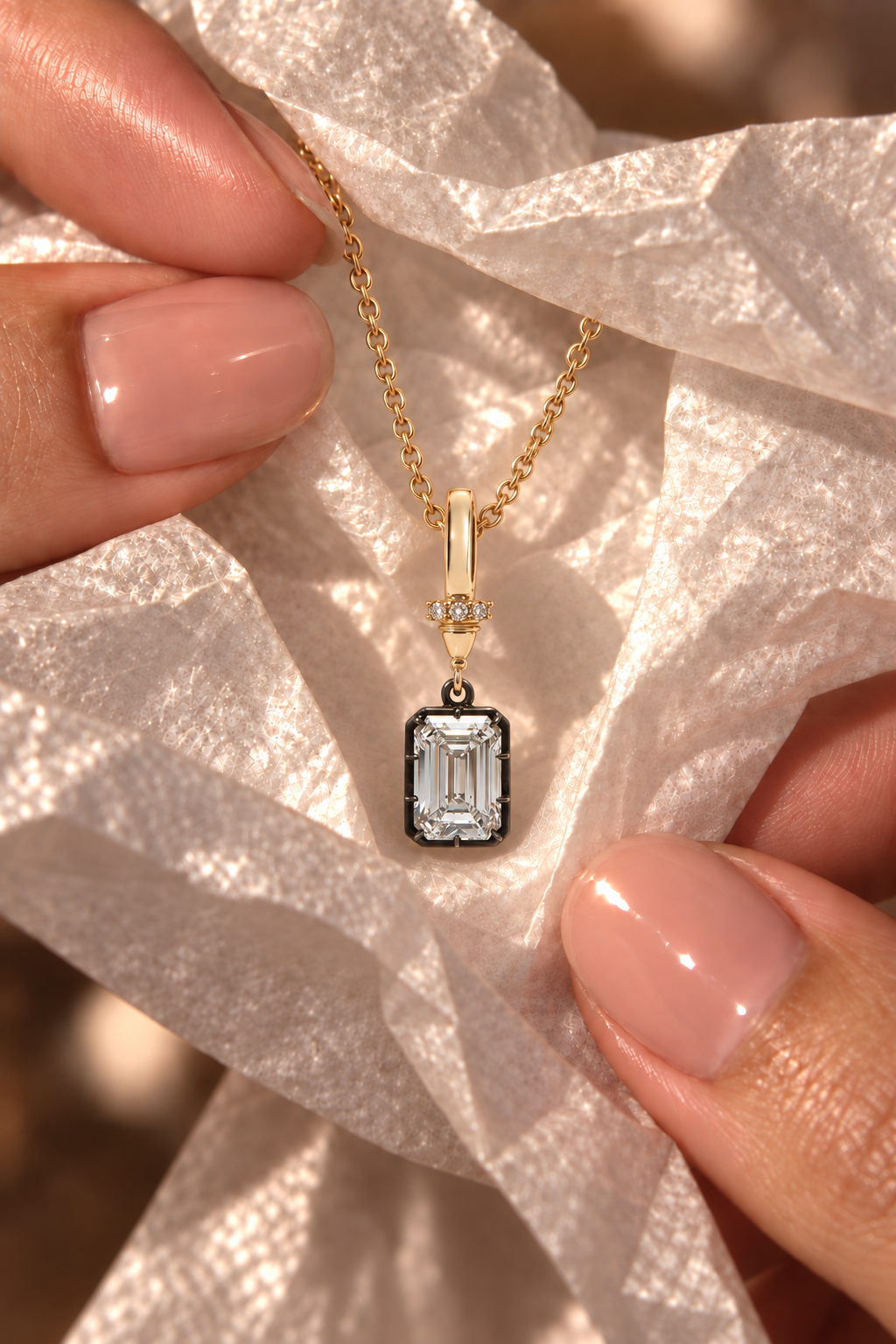 IGI Certified Lab Diamond Emerald Cut Pendant, Blackened Gold Setting