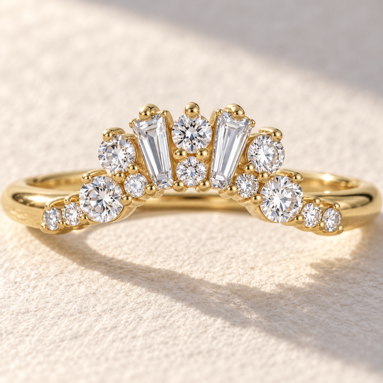Art Deco Diamond Wedding Band Baguette & Round Cluster 14K Yellow Gold Lab Grown Diamonds