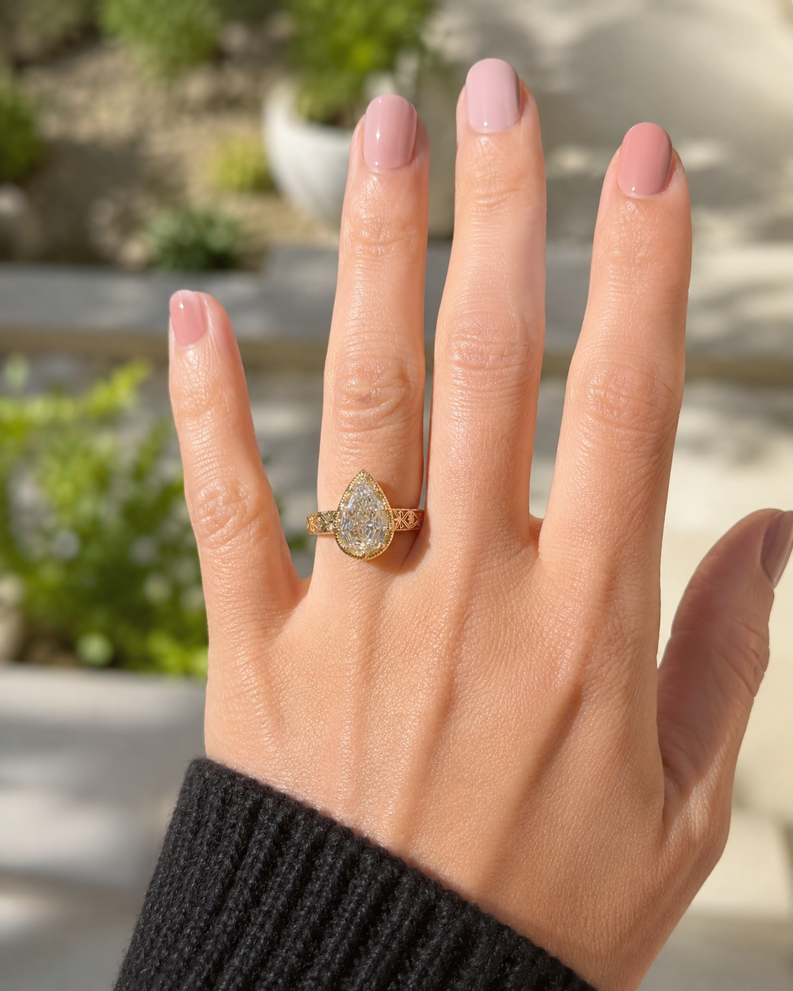 Pear Step Cut Lab Grown Diamond Engagement Ring Vintage Milgrain 14K Yellow Gold IGI Certified 2.84 Carat