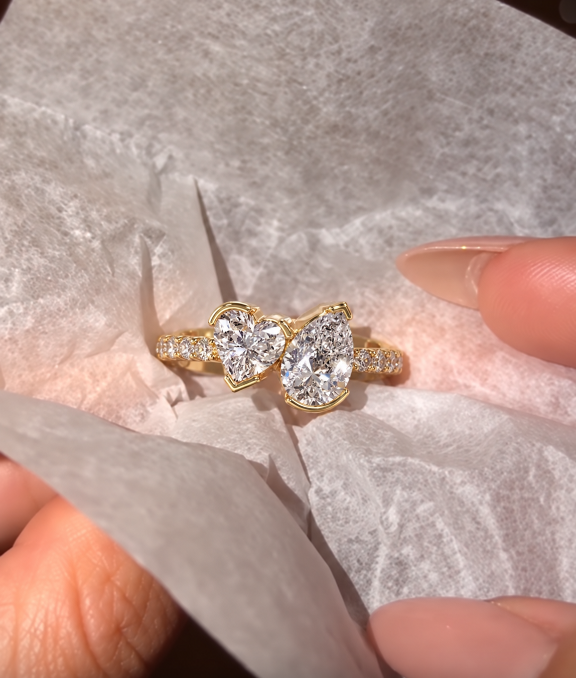 Toi et Moi Lab Diamond Engagement Ring: Heart & Pear Cut, 14K Gold Pave Band