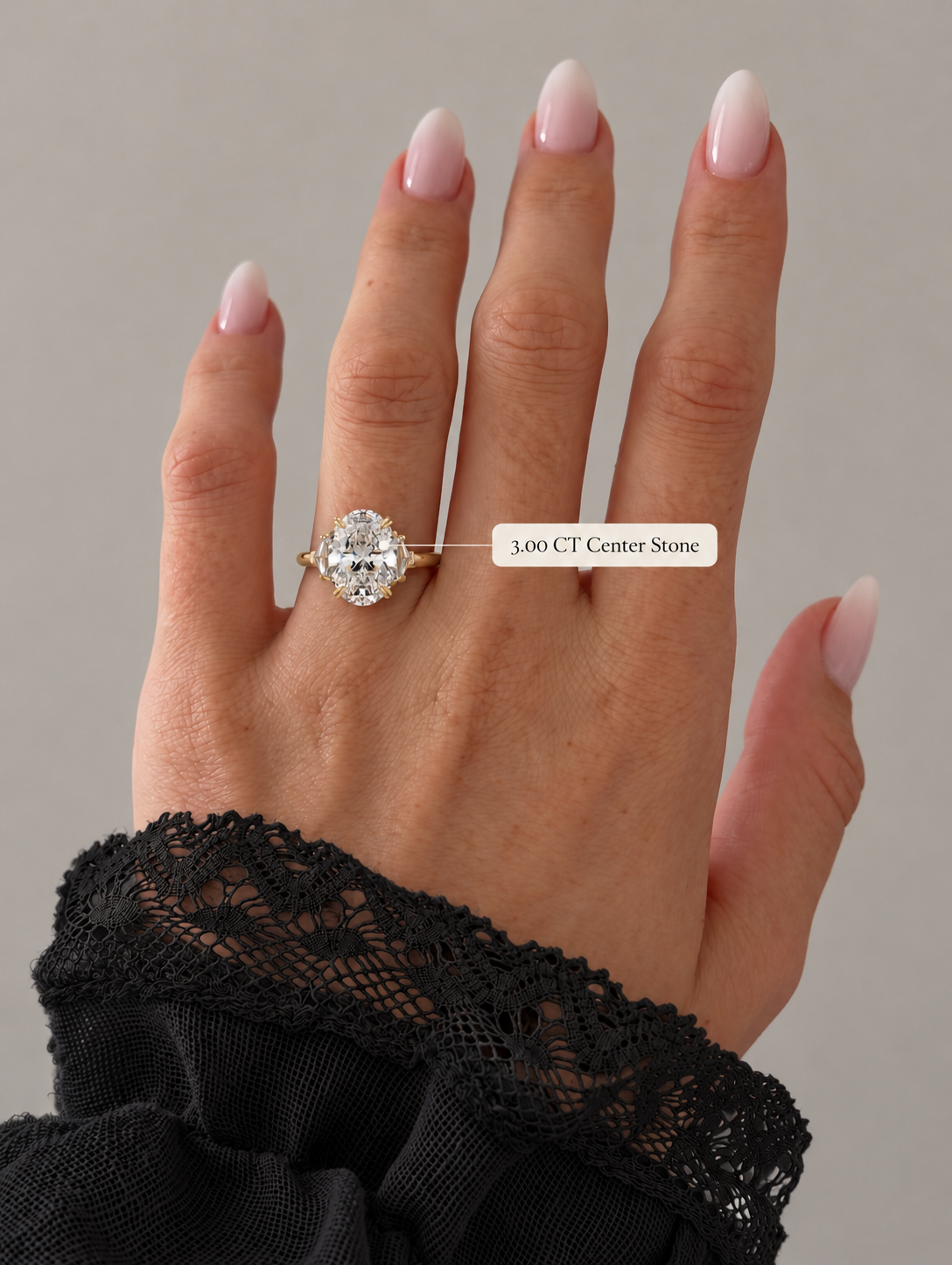 Oval Lab Grown Diamond Engagement Ring Three Stone Cadillac 14K Yellow Gold IGI Certified