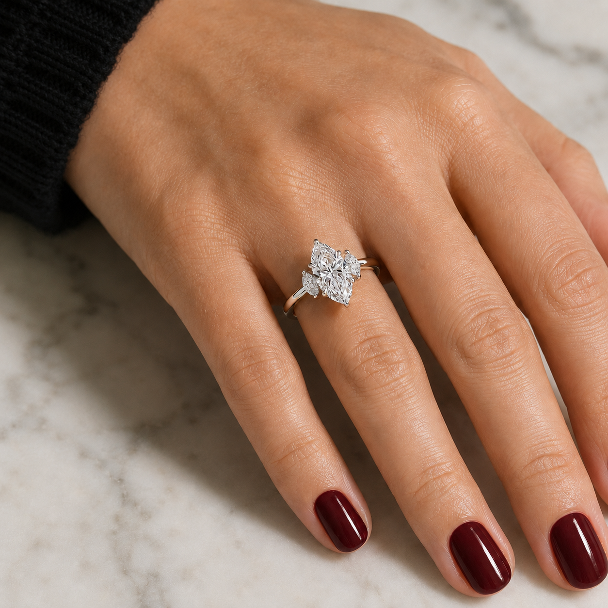 Marquise Lab Grown Diamond Engagement Ring Three Stone 14K White Gold E VVS2
