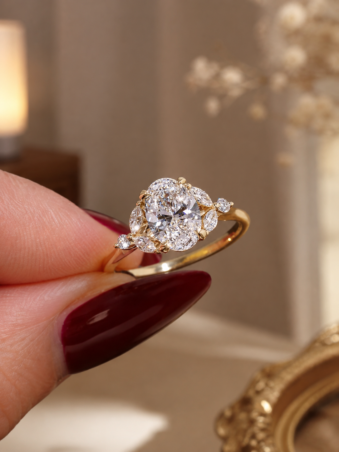 Oval Lab Grown Diamond Engagement Ring  Floral Cluster 14K Yellow Gold IGI Certified 1.54 Carat E VVS2