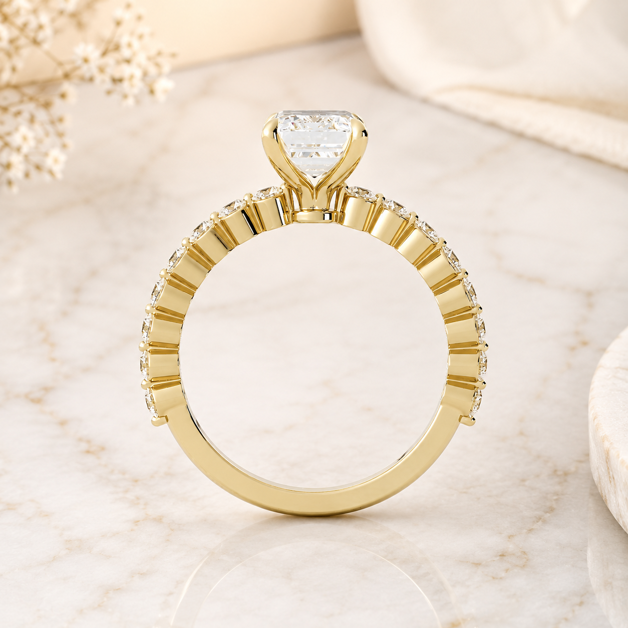 Emerald Cut Lab Grown Diamond Engagement Ring Solitaire 14K Yellow Gold Shared Prong Diamond Shank