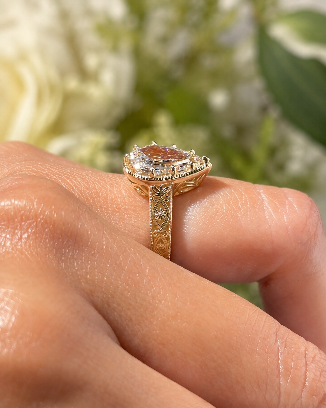 Pear Step Cut Lab Grown Diamond Engagement Ring Vintage Milgrain 14K Yellow Gold IGI Certified 2.84 Carat