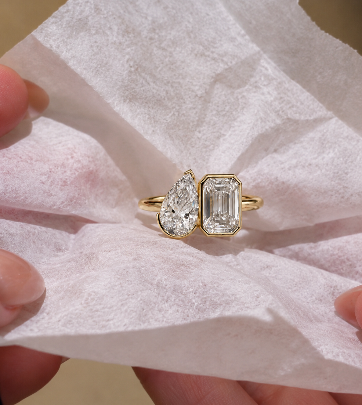 Pear & Emerald Cut Lab Grown Diamond Engagement Ring Toi et Moi 14K Yellow Gold Bezel Cathedral Setting