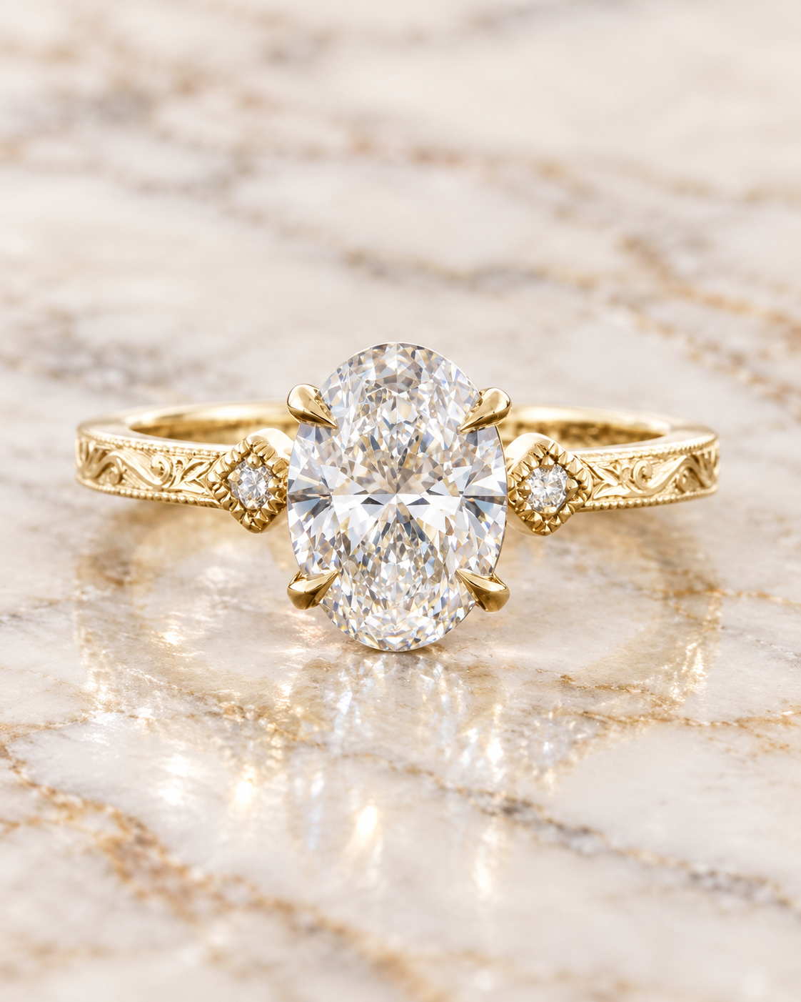 Oval Lab Grown Diamond Engagement Ring Three Stone 14K Yellow Gold Hand-Engraved Vintage Setting