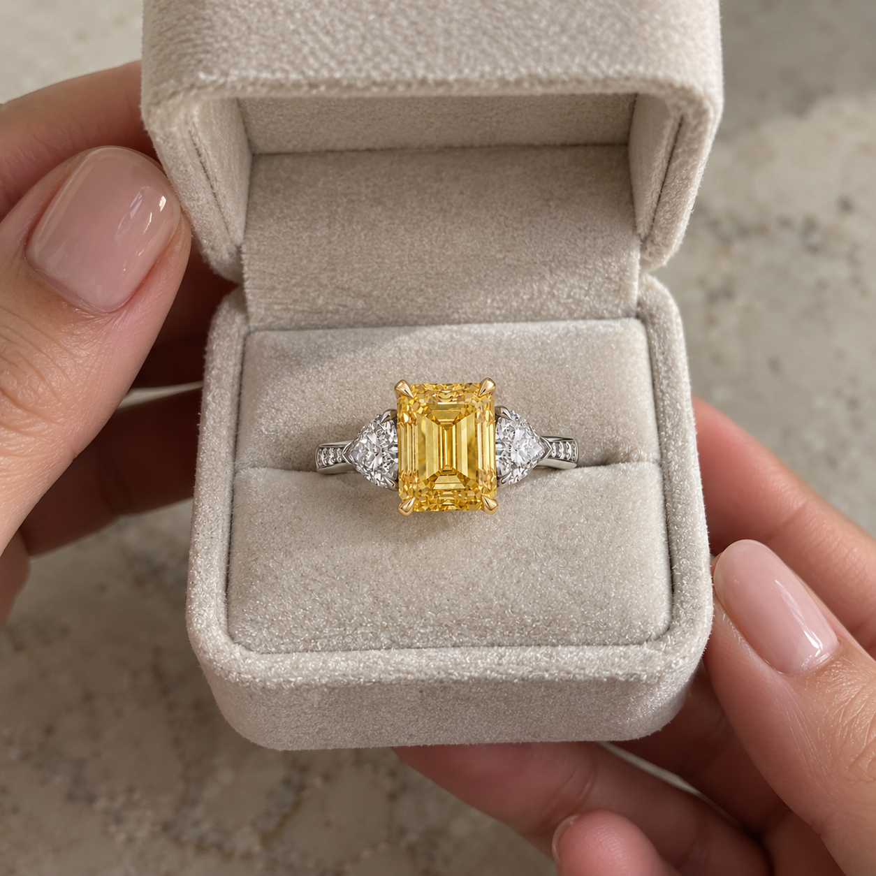 Yellow Lab Grown Diamond Engagement Ring Emerald Cut Three Stone Platinum IGI Certified Fancy Yellow