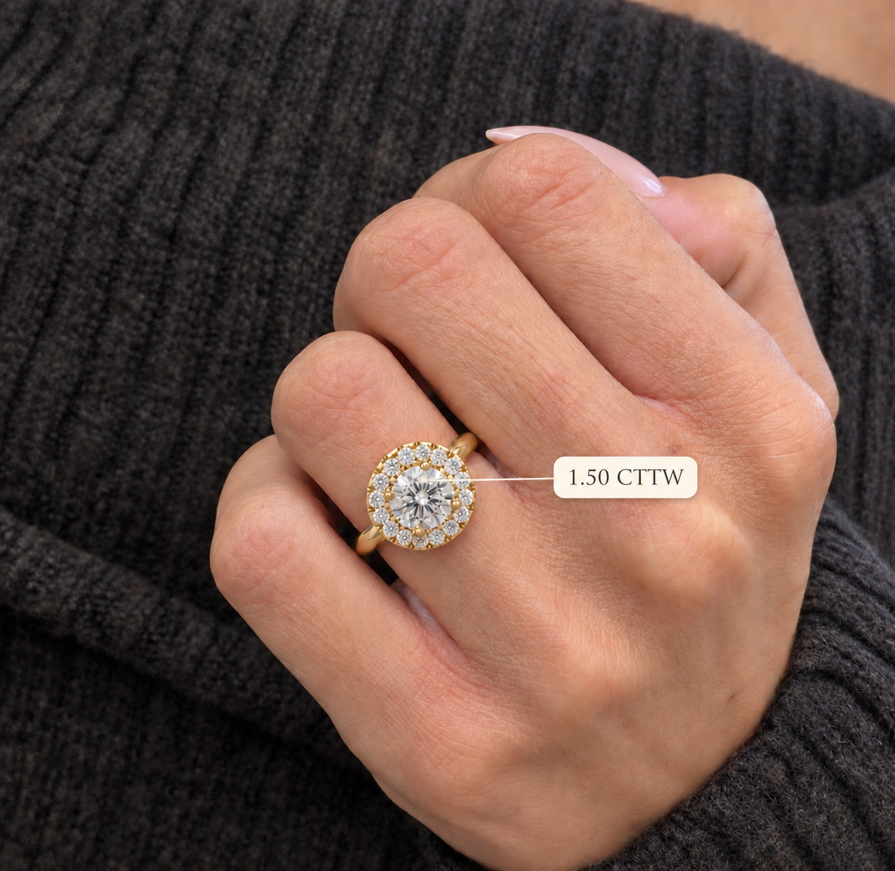 Round Lab Grown Diamond Engagement Ring Vintage Halo 18K Yellow Gold IGI Certified
