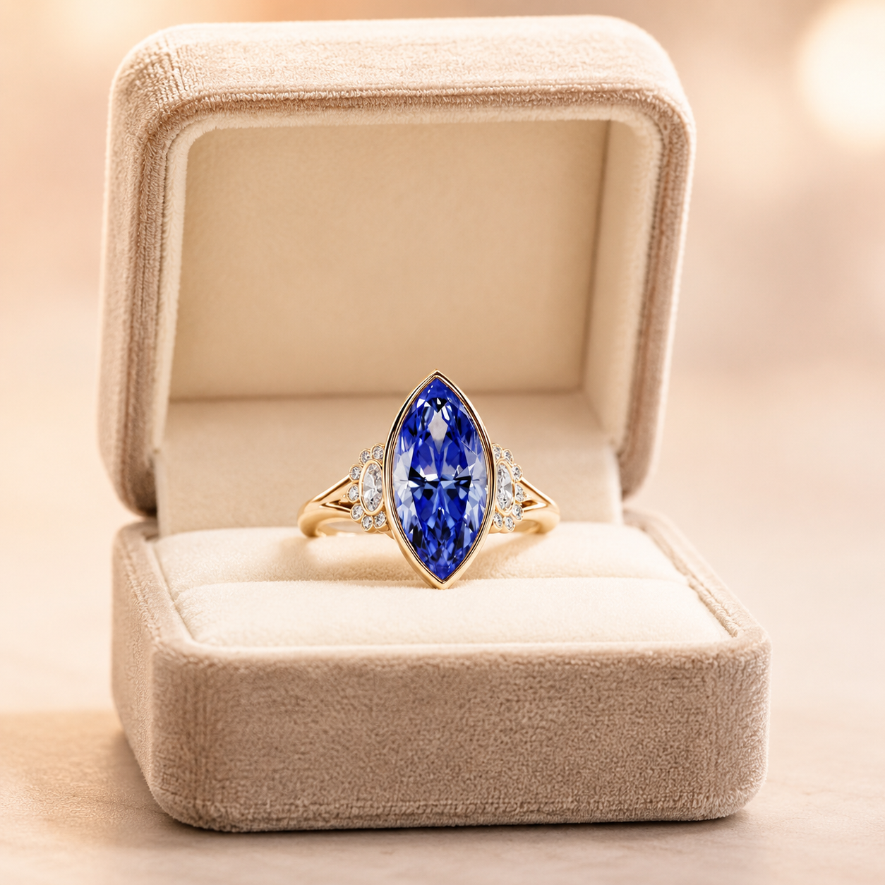 4Ct Marquise Lab Grown Blue Sapphire Ring Diamond Halo 14K Gold Bezel Set