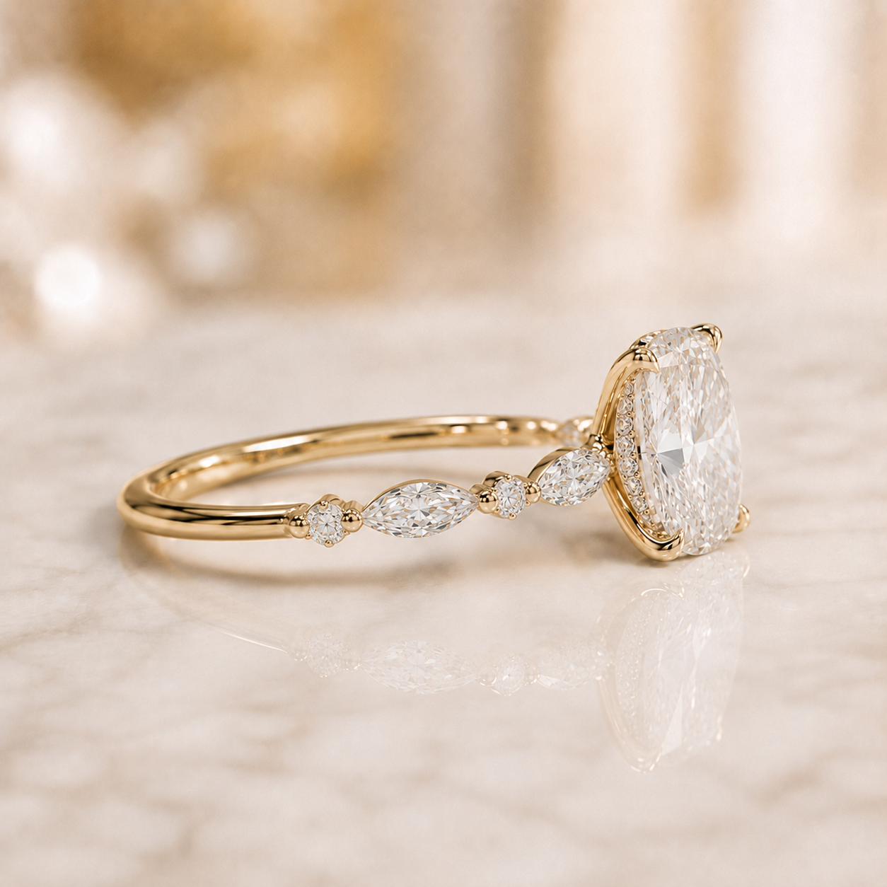 2ct Elongated Cushion Lab Grown Diamond Engagement Ring – 18K Yellow Gold Hidden Halo
