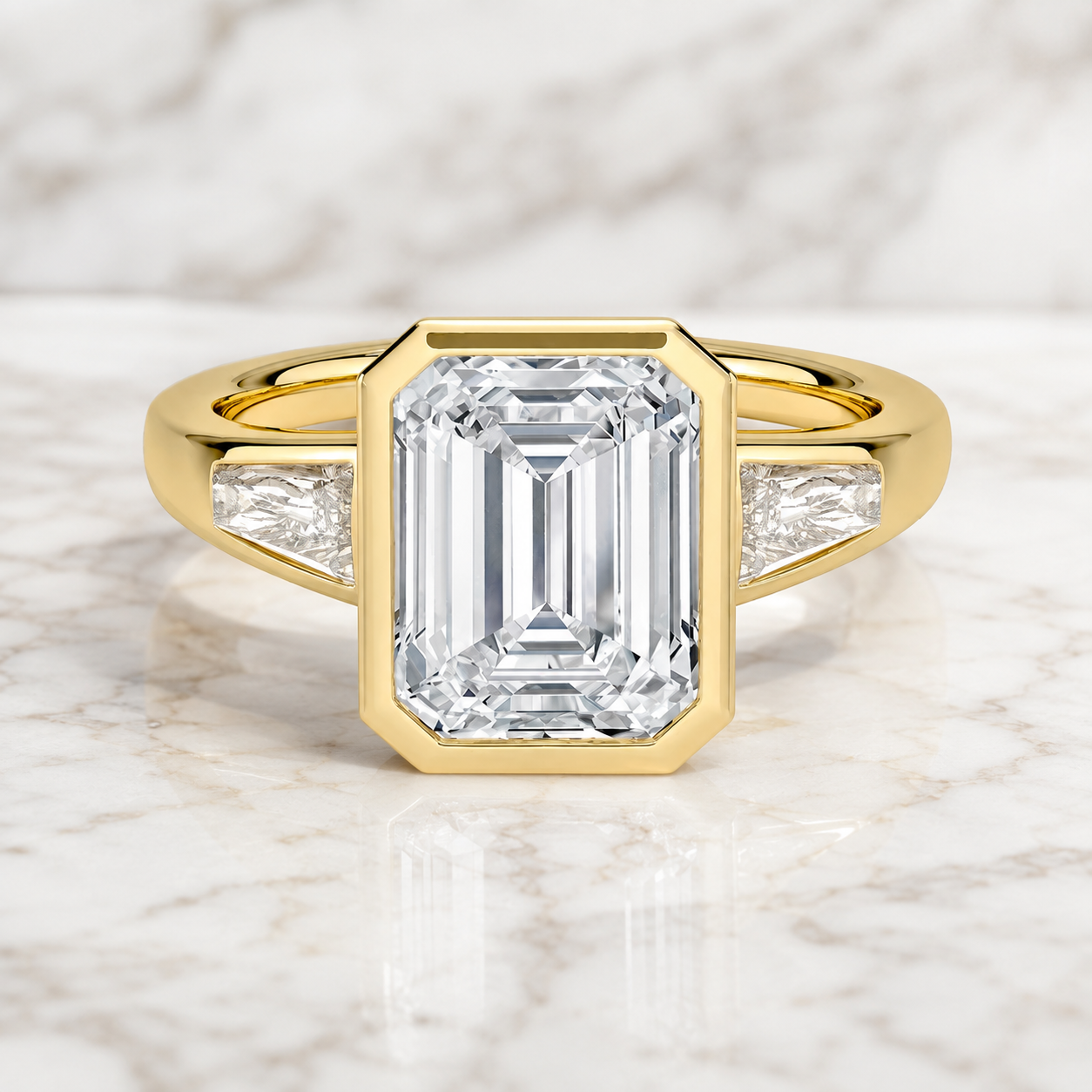 Emerald Cut Lab Grown Diamond Engagement Ring Three Stone Bezel 14K Yellow Gold Tapered Baguette Setting