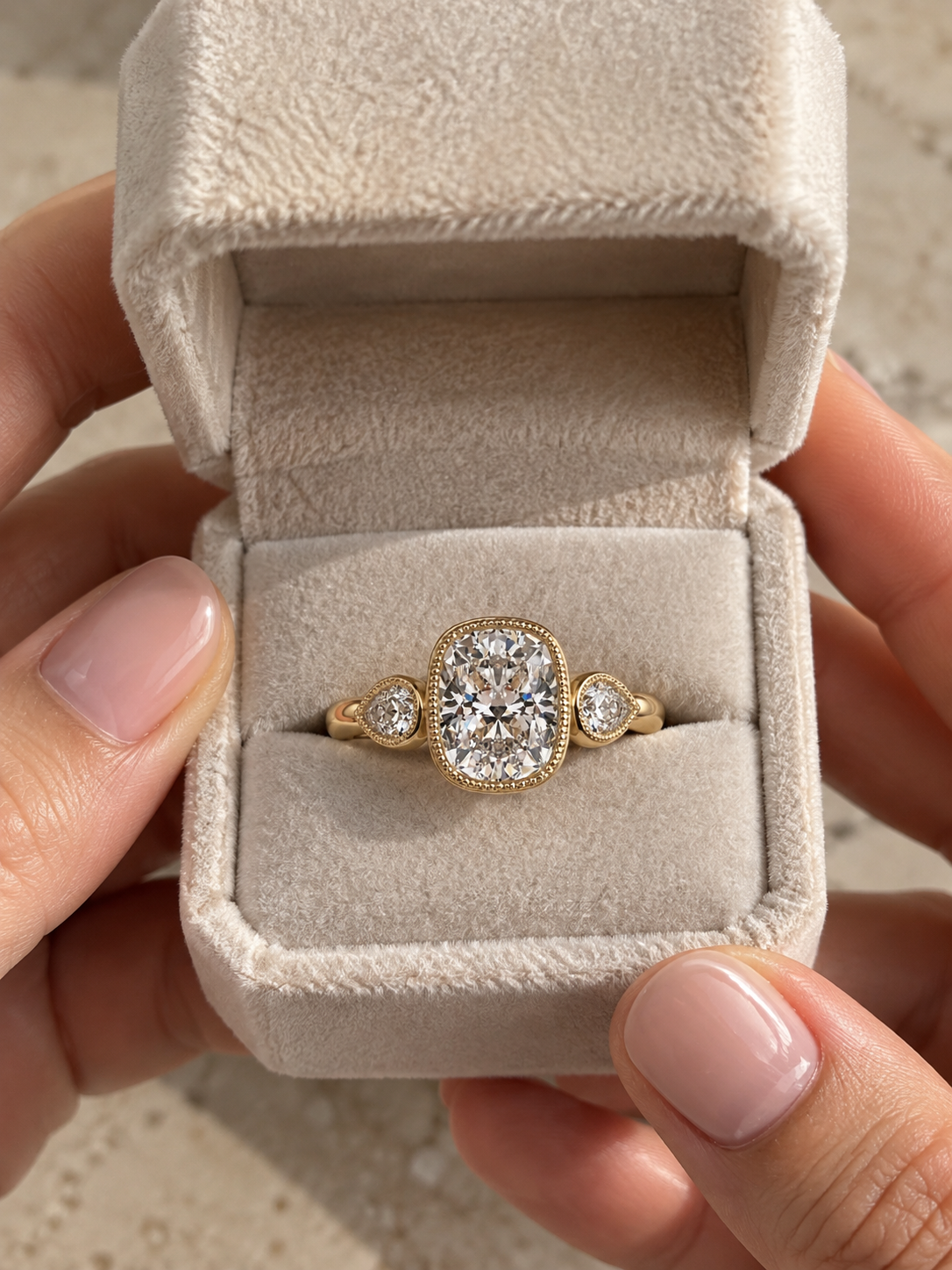 Cushion Lab Grown Diamond Engagement Ring Three Stone Pear Accent 14K Rose Gold Bezel Milgrain Setting