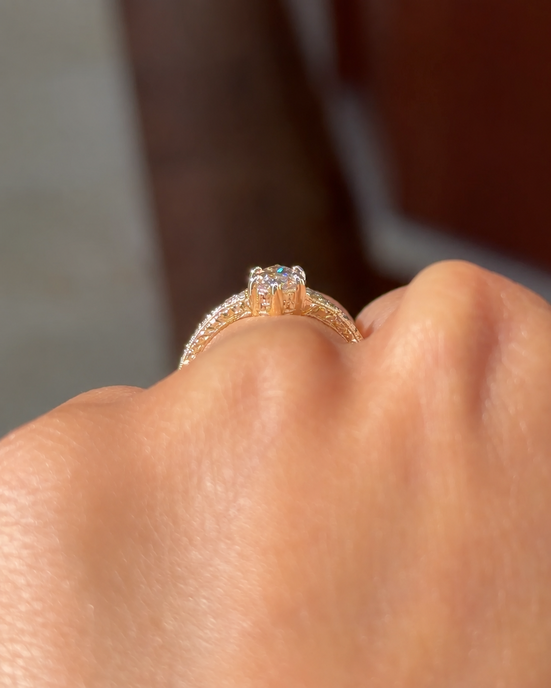 Marquise Lab Grown Diamond Engagement Ring  Vintage Hand-Engraved 14K Yellow Gold  IGI Certified 1ct E-VVS2