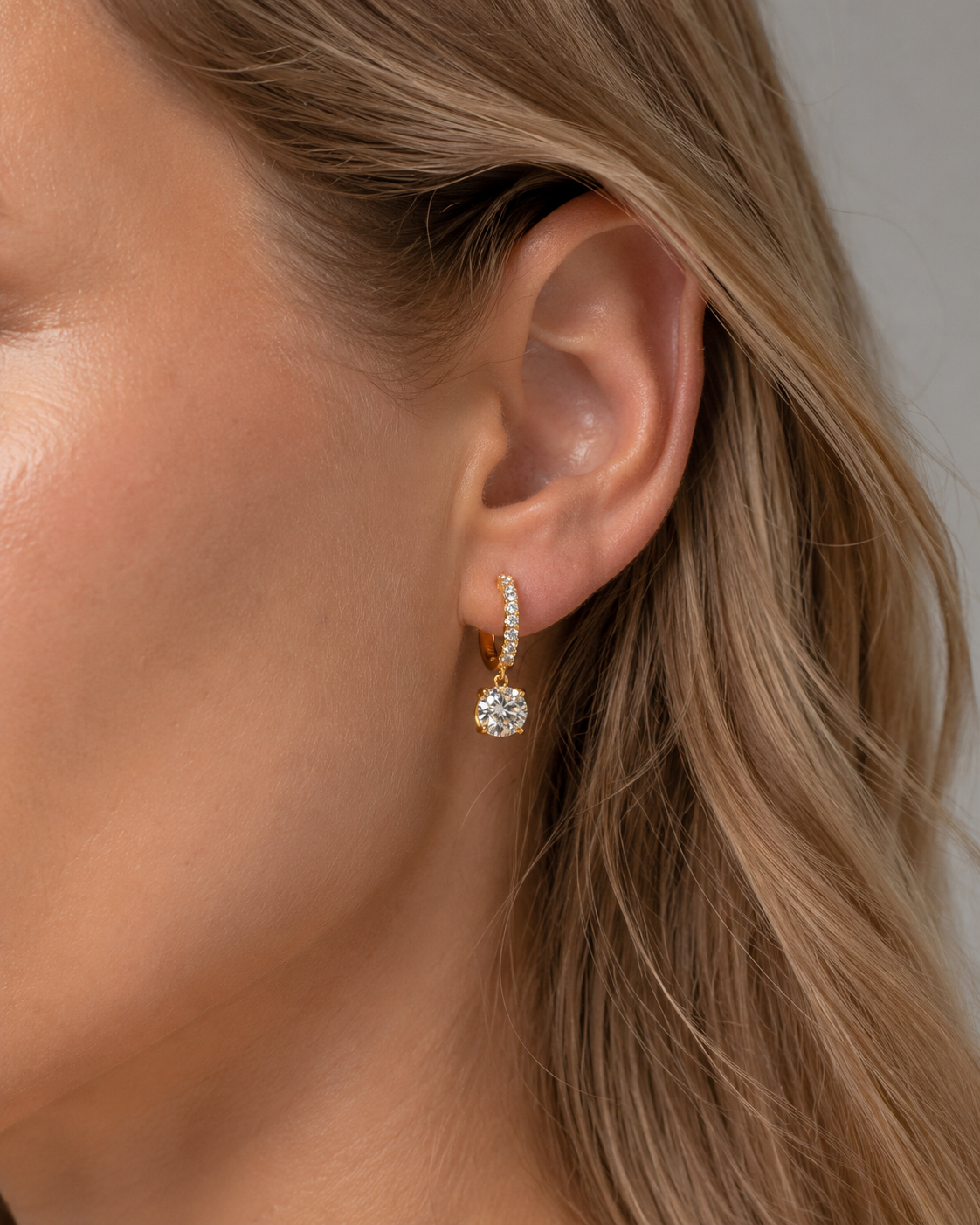 Round Lab Grown Diamond Drop Hoop Earrings Pavé Dangle 14K Yellow Gold 2ct E Color VVS2