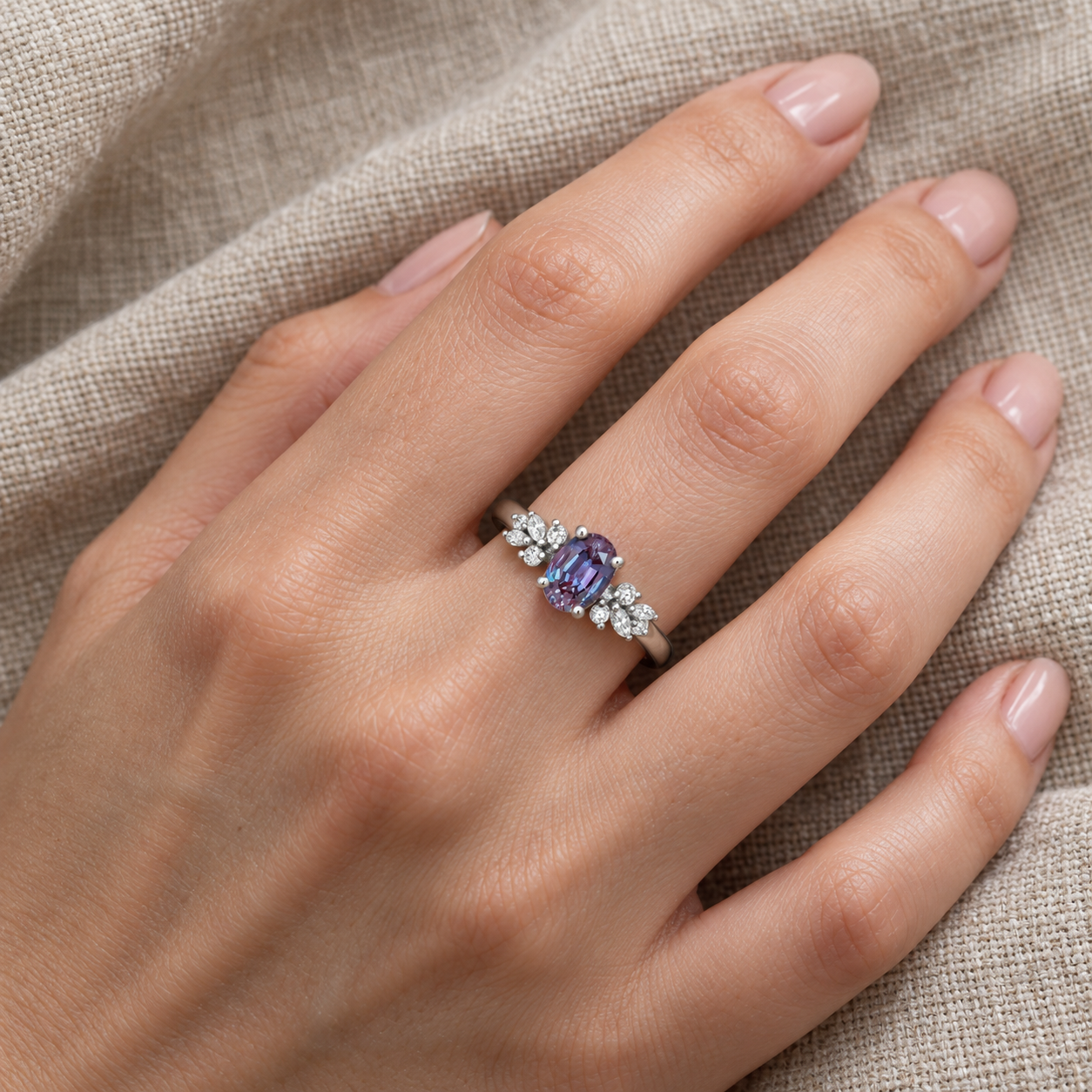 Oval Lab Grown Alexandrite Engagement Ring Floral Diamond Halo Platinum Color Change Gemstone Ring