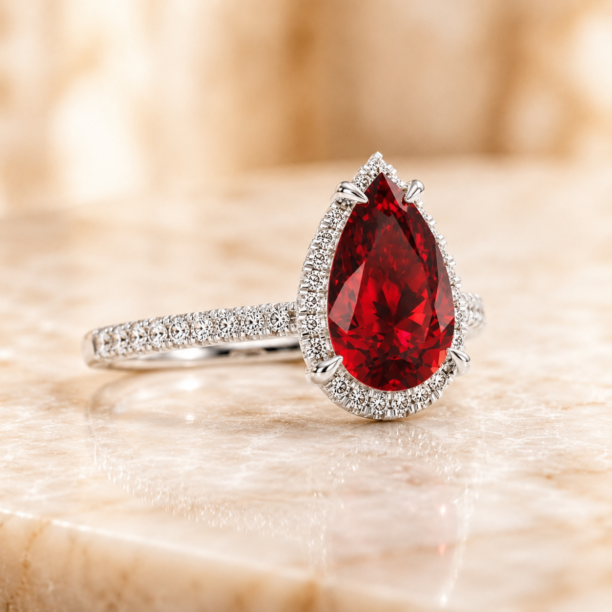 2.50 Ct Pear Lab Grown Ruby Halo Engagement Ring in Platinum