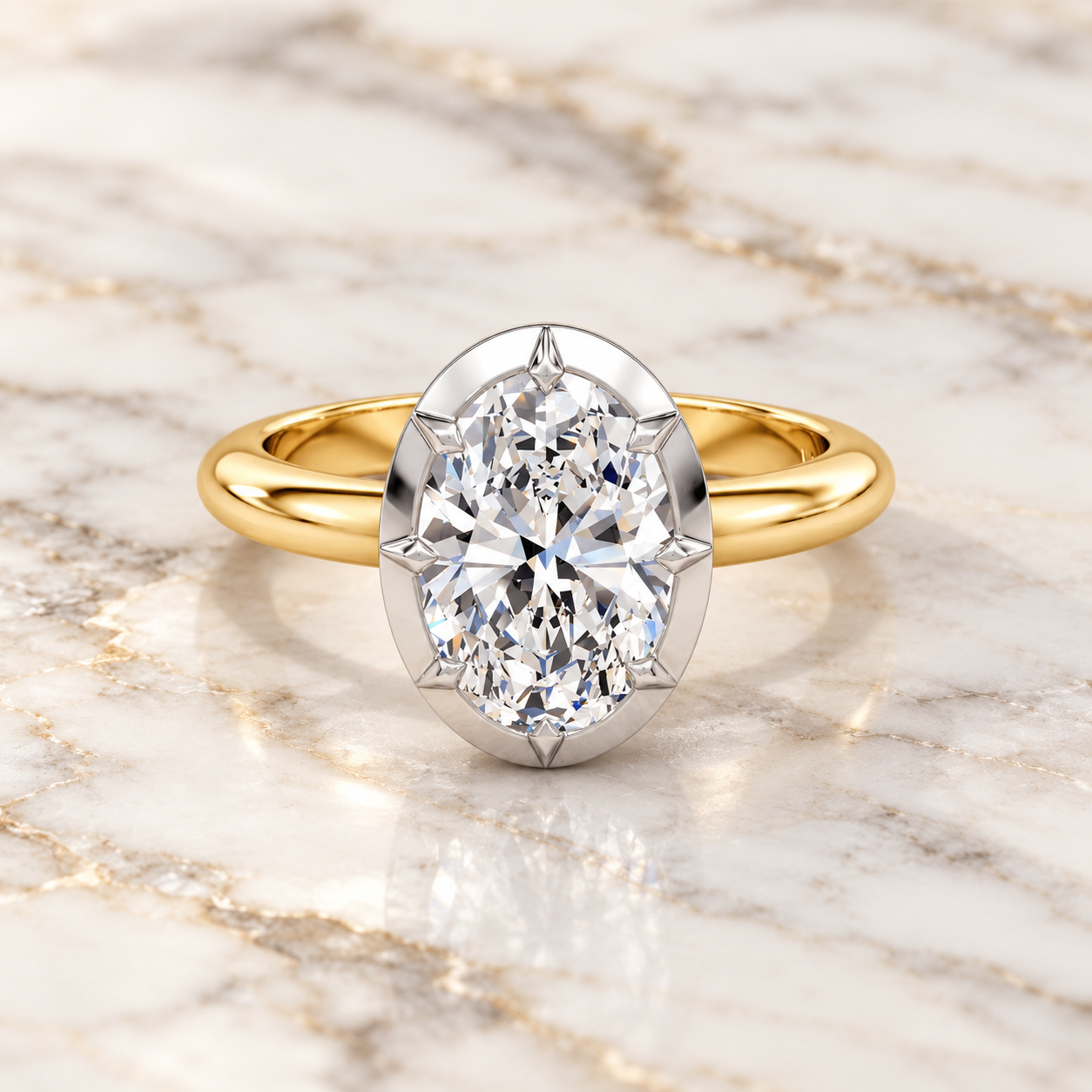 Oval Cut Lab Grown Diamond Engagement Ring Solitaire Platinum & Yellow Gold Vintage Bezel Setting