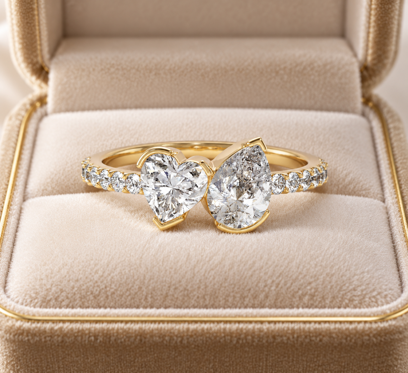 Toi et Moi Lab Diamond Engagement Ring: Heart & Pear Cut, 14K Gold Pave Band