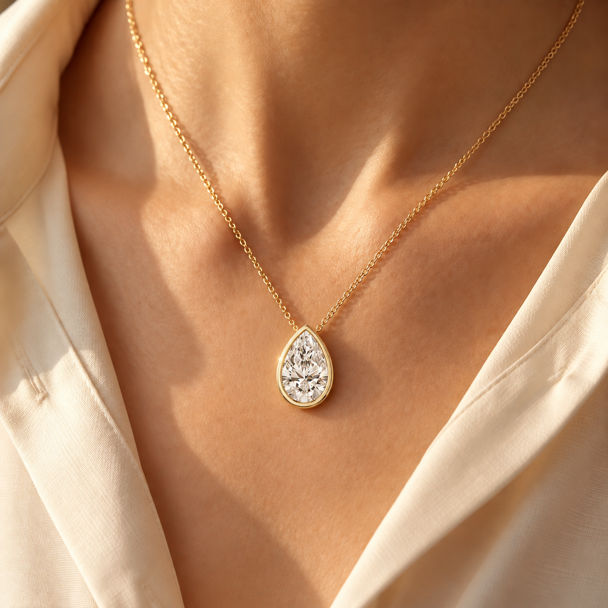 Pear Lab Grown Diamond Bezel Pendant Necklace, 14K Gold, IGI Certified