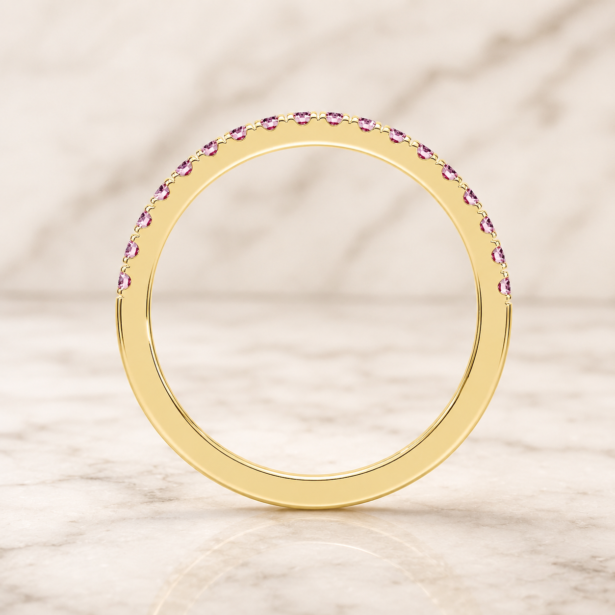 Pink Round Lab Grown Diamond Wedding Band Pave 14K Yellow Gold Stackable Ring for Her