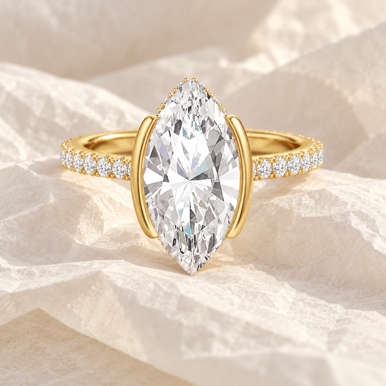 Marquise Lab Grown Diamond Engagement Ring: Half Bezel, Pavé Band, 14K White Gold