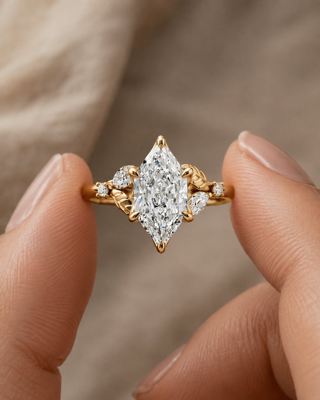 Marquise Lab Grown Diamond Engagement Ring Floral Side Stone 14K Yellow Gold Marquise Accents E Color