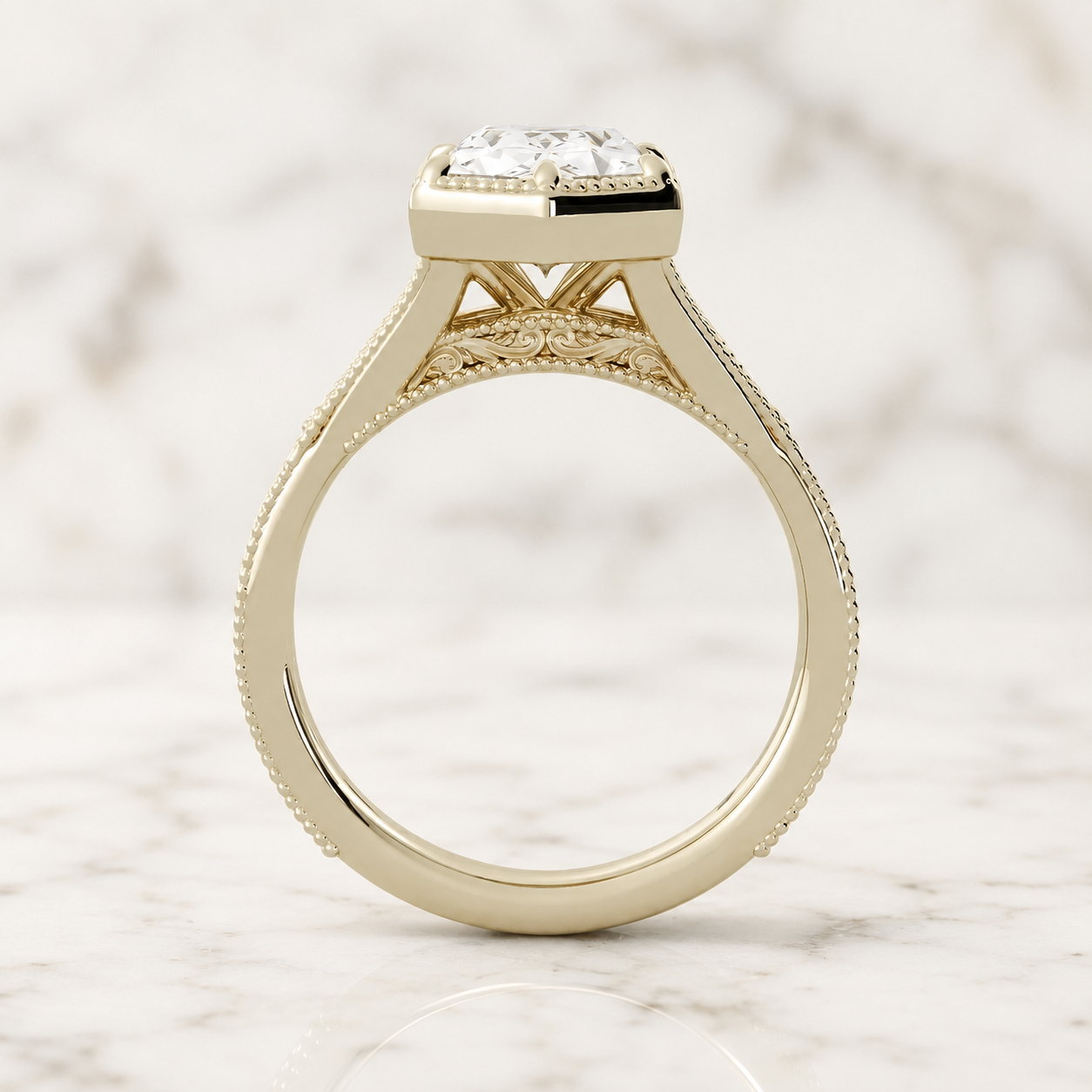 Duchess Cut Lab Grown Diamond Engagement Ring Split Shank 14K Yellow Gold Milgrain Bezel