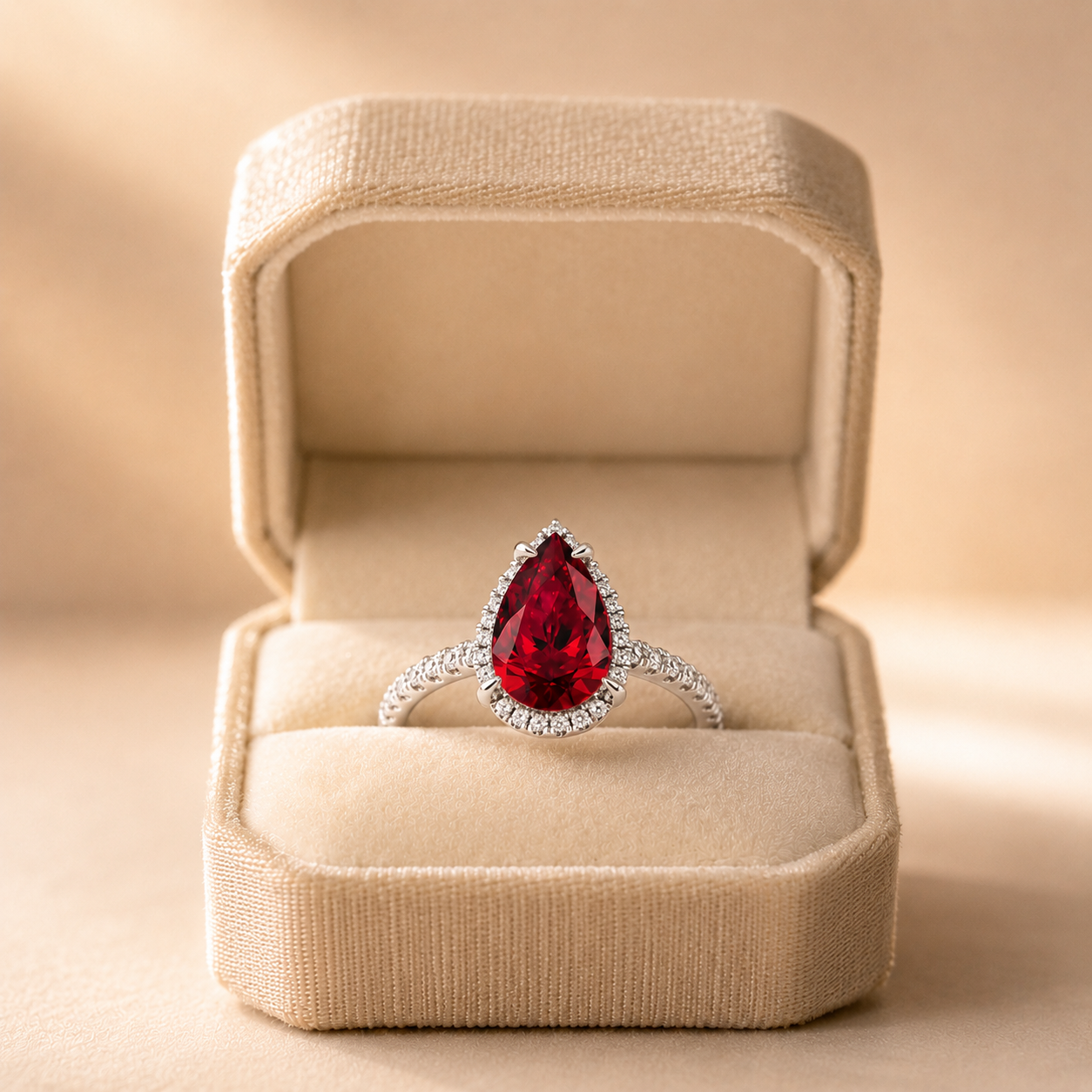 Pear Lab Grown Ruby Engagement Ring Diamond Halo Platinum 2.5 Carat Pavé Band
