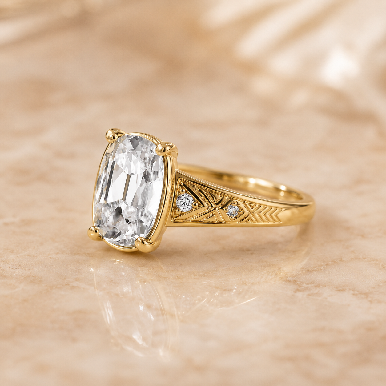 Cushion Lab Grown Diamond Vintage Engagement Ring Side Stone 14K Yellow Gold IGI Certified 2 Carat