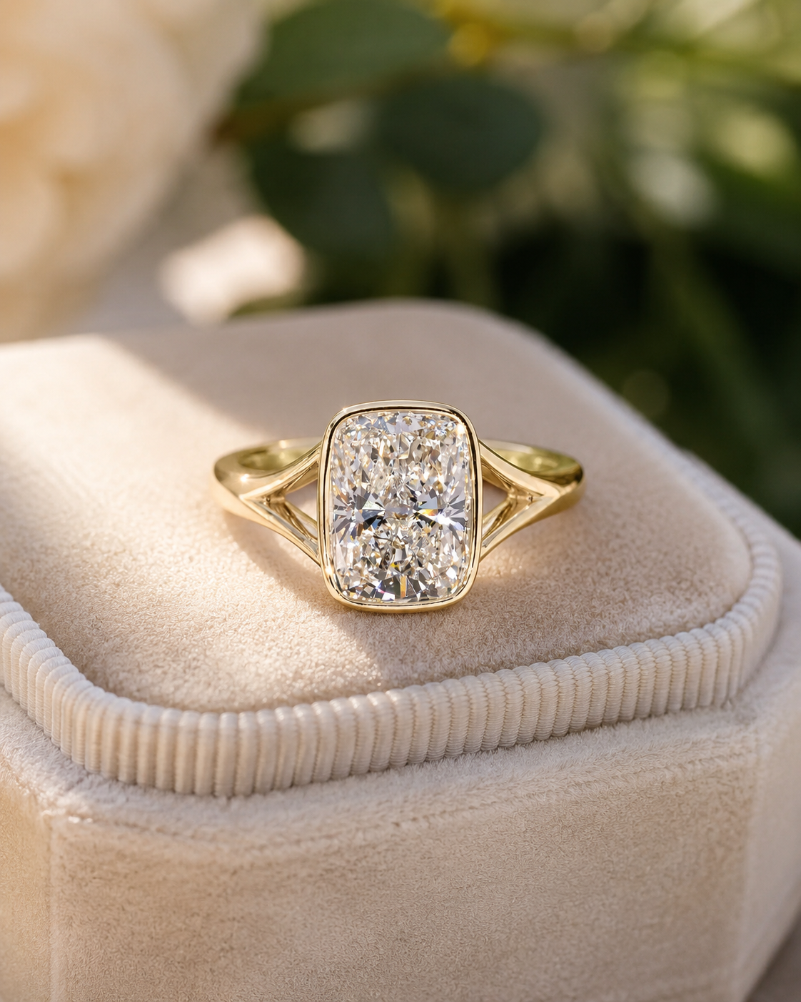 Cushion Lab Grown Diamond Engagement Ring Bezel Split Shank 14K Yellow Gold IGI Certified 3.08 Carat