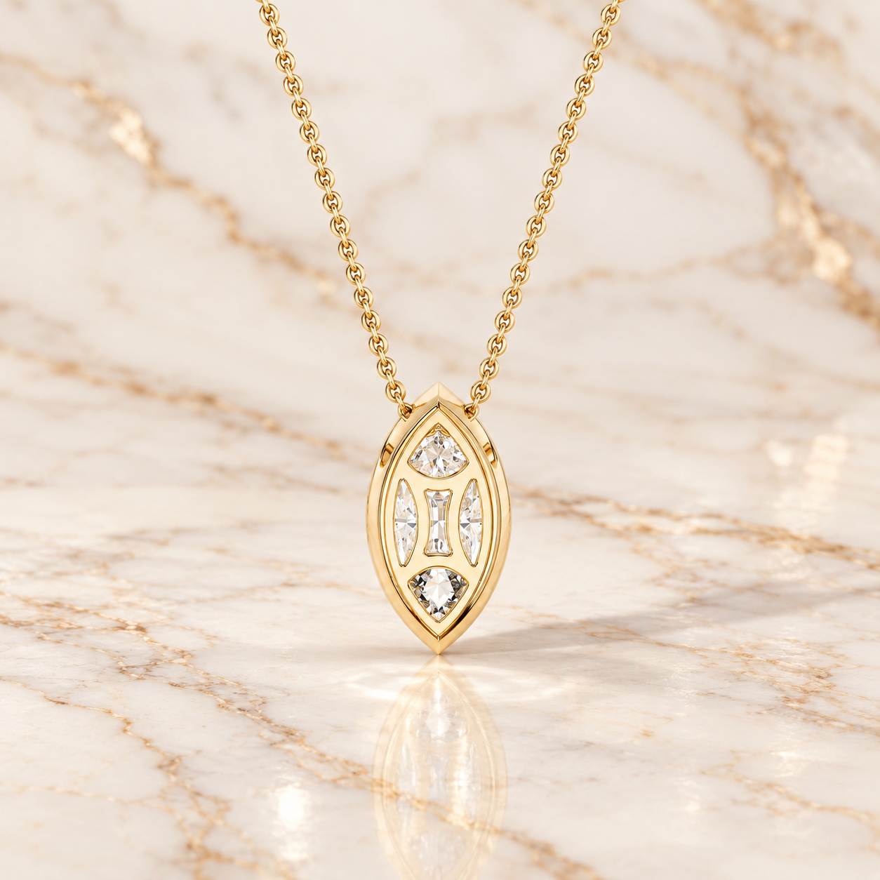 Marquise Lab Grown Diamond Pendant Necklace Bezel Solitaire 14K Yellow Gold IGI Certified 2ct