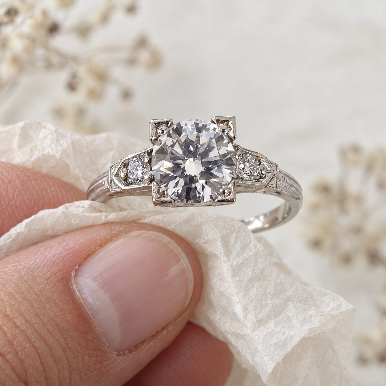 Round Lab Grown Diamond Engagement Ring Art Deco Three Stone 14K Gold E VVS2