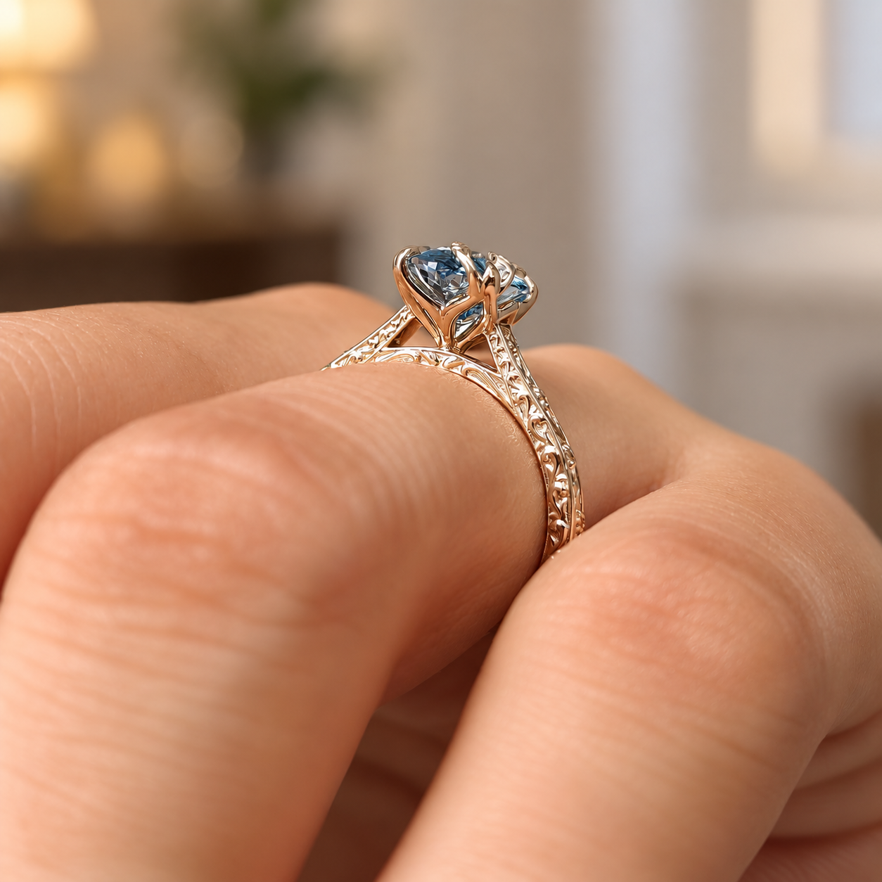 Blue Oval Lab Grown Diamond Engagement Ring Vintage Leaf 14K White Gold IGI Certified 2 Carat