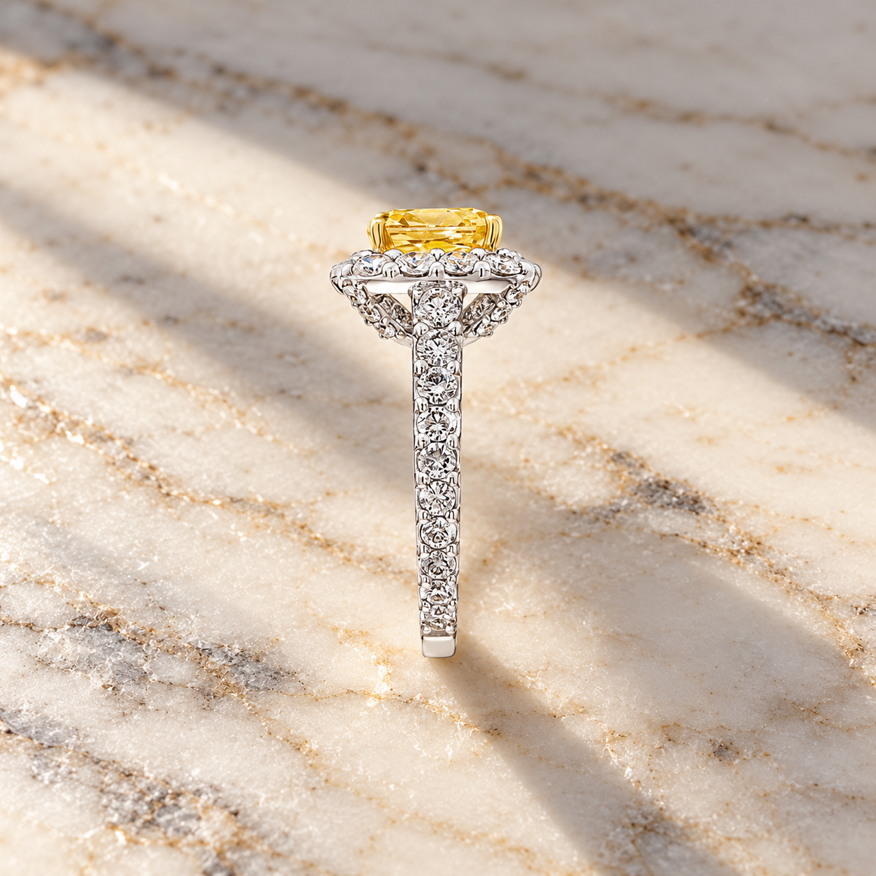 Yellow Radiant Lab Grown Diamond Engagement Ring Pavé Halo 14K White Gold IGI Certified