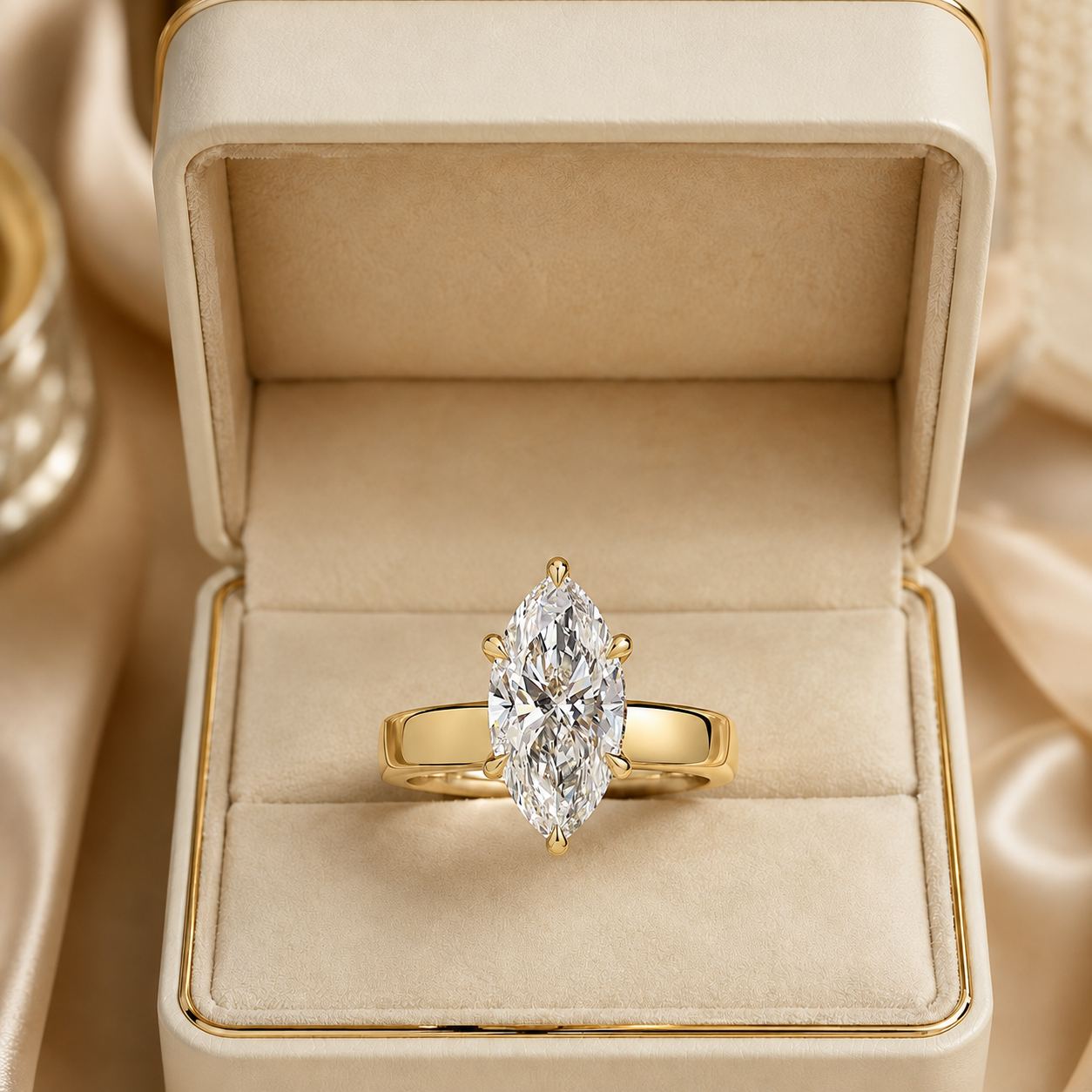 Marquise Lab Grown Diamond Engagement Ring Solitaire 14K Yellow Gold 4mm Wide Band, IGI Certified